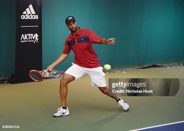 American tennis player James Blake participates in tennis match to support the 2017 AKTIV Against Cancer Tennis Pro-Am at Grand Central Terminal on...