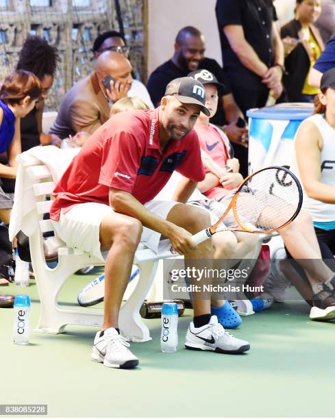 American tennis player James Blake participates in tennis match to support the 2017 AKTIV Against Cancer Tennis Pro-Am at Grand Central Terminal on...