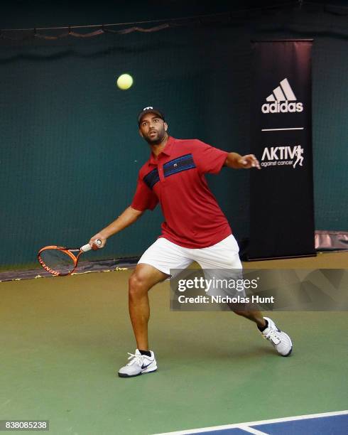 American tennis player James Blake participates in tennis match to support the 2017 AKTIV Against Cancer Tennis Pro-Am at Grand Central Terminal on...