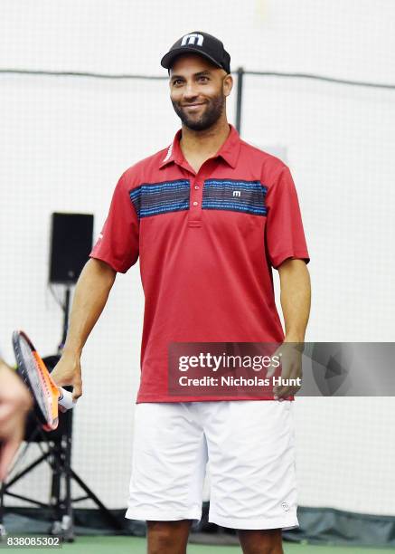 American tennis player James Blake participates in tennis match to support the 2017 AKTIV Against Cancer Tennis Pro-Am at Grand Central Terminal on...