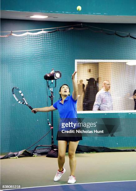 Sportscaster Michelle Yu participates in tennis match to support the 2017 AKTIV Against Cancer Tennis Pro-Am at Grand Central Terminal on August 23,...