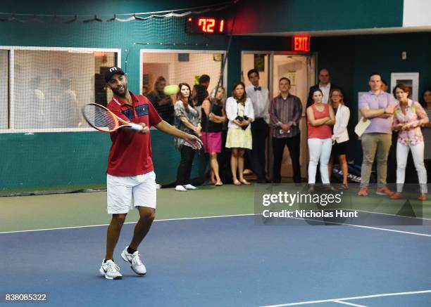 American tennis player James Blake participates in tennis match to support the 2017 AKTIV Against Cancer Tennis Pro-Am at Grand Central Terminal on...