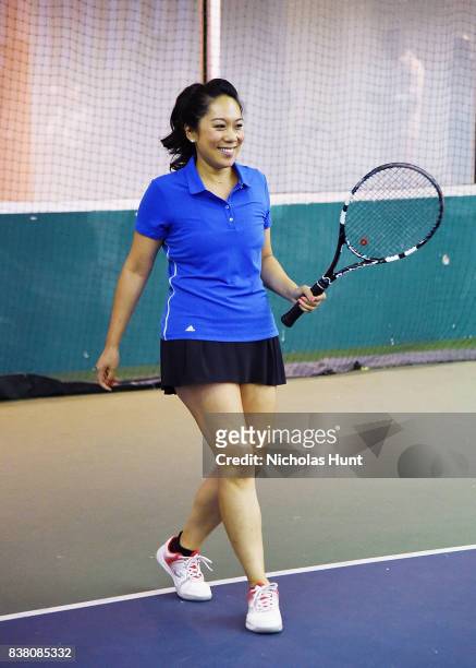 Sportscaster Michelle Yu participates in tennis match to support the 2017 AKTIV Against Cancer Tennis Pro-Am at Grand Central Terminal on August 23,...