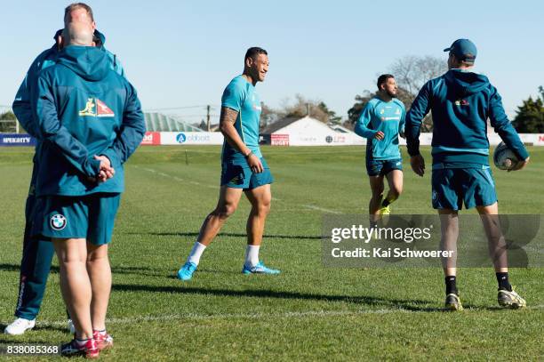 Israel Folau reacting during an Australian Wallabies training session at Linwood Rugby Club on August 24, 2017 in Christchurch, New Zealand.