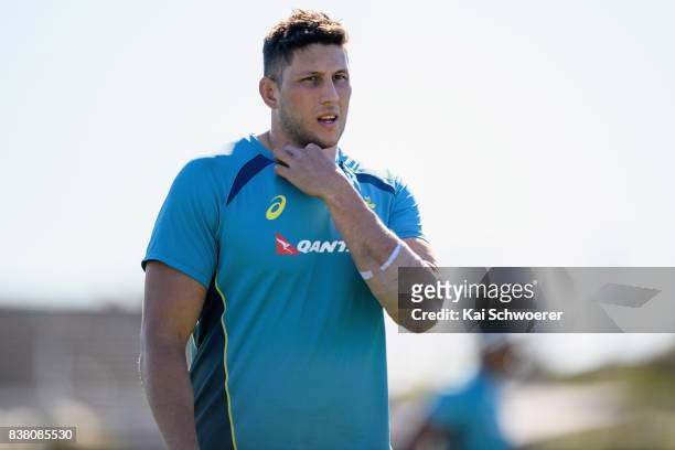 Adam Coleman looks on during an Australian Wallabies training session at Linwood Rugby Club on August 24, 2017 in Christchurch, New Zealand.