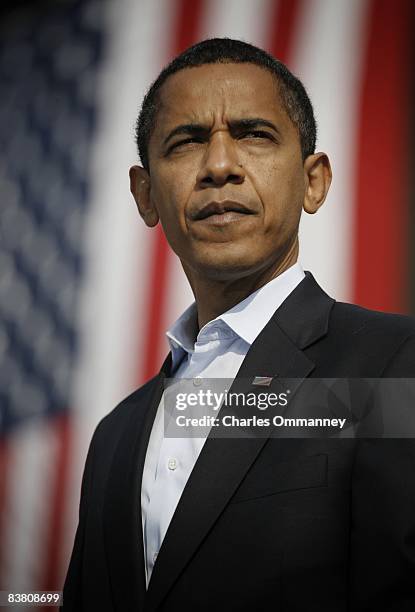 Democratic presidential nominee U.S. Sen. Barack Obama waves after speaking during a campaign rally at Ohio State House November 2, 2008 in Columbus,...