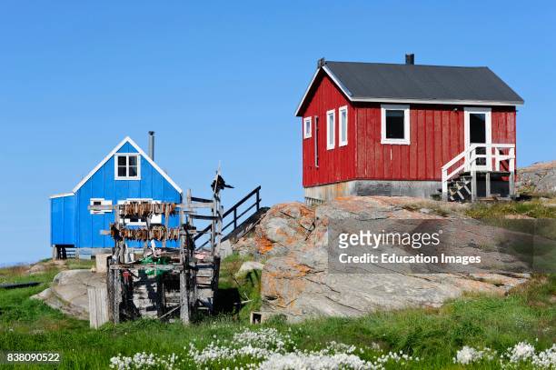 Traditional houses from Ilimanaq, a settlement in the Qaasuitsup municipality in western Greenland. In front of the house, fish is dried in the sun.