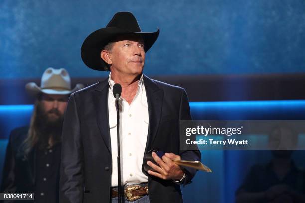 George Strait accepts the Cliffie Stone Icon Award onstage during the 11th Annual ACM Honors at the Ryman Auditorium on August 23, 2017 in Nashville,...