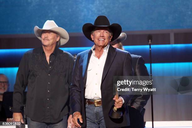 George Strait accepts the Cliffie Stone Icon Award onstage during the 11th Annual ACM Honors at the Ryman Auditorium on August 23, 2017 in Nashville,...