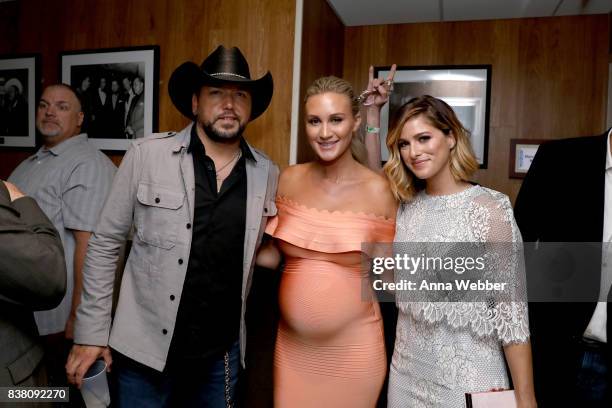 Jason Aldean, Brittany Kerr and Cassadee Pope backstage at the 11th Annual ACM Honors at the Ryman Auditorium on August 23, 2017 in Nashville,...