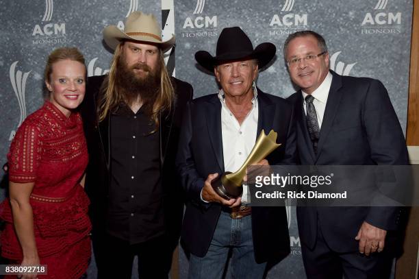S Tiffany Moon, Chris Stapleton, George Strait, and ACM's Pete Fisher attend the 11th Annual ACM Honors at the Ryman Auditorium on August 23, 2017 in...