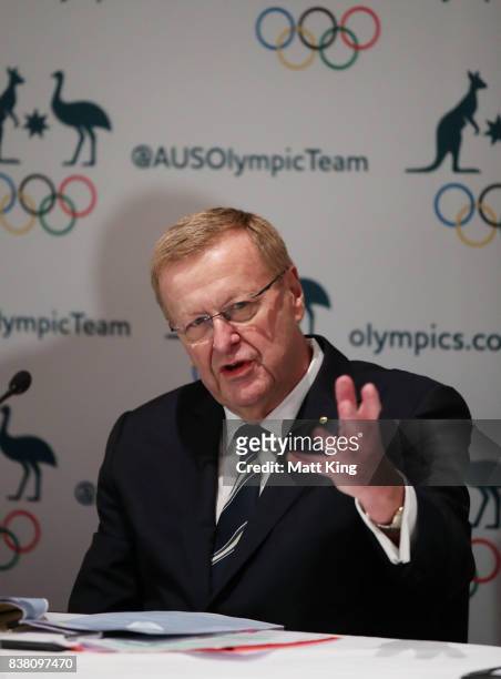 President John Coates speaks to the media during an Australian Olympic Committee press conference at the Four Season Hotel on August 24, 2017 in...