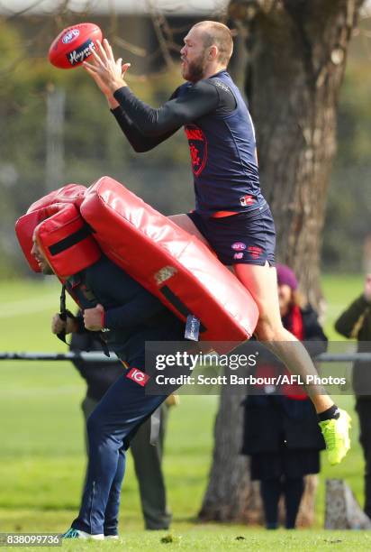 Max Gawn of the Demons marks the ball during a Melbourne Demons AFL training session at Gosch's Paddock on August 24, 2017 in Melbourne, Australia.