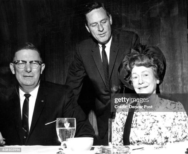 Governor Love Greets Guests Actress Thelma Ritter and South Dakota Gov. Archie Gubbrud, left, in Denver for the premiere of "How the West Was Won"...