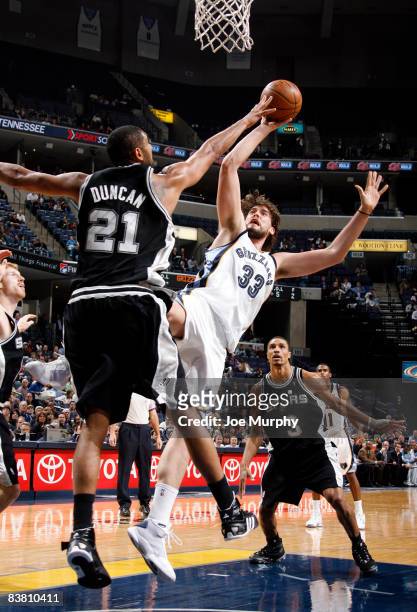 Tim Duncan of the San Antonio Spurs blocks a shot attempted by Marc Gasol of the Memphis Grizzlies on November 24, 2008 at the FedExForum in Memphis,...