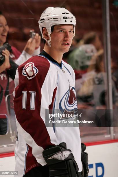 Cody McCormick of the Colorado Avalanche skates on the ice during warmups prior to the game against the Anaheim Ducks on November 24, 2008 at Honda...