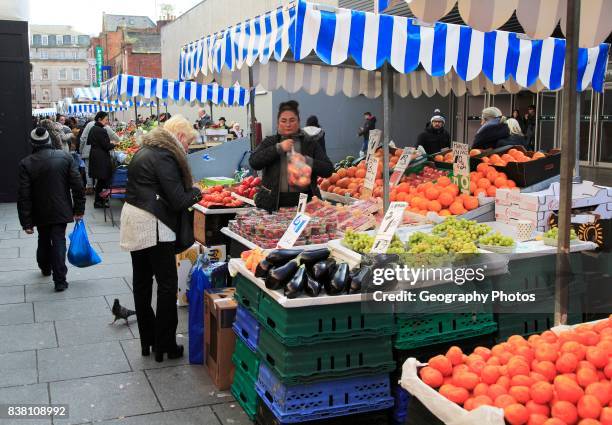 Fresh fruit and vegetable market stall, Moore Street, Dublin city center, Ireland, Republic of Ireland.