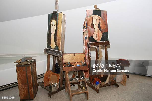 Artwork by Amedeo Modigliani is on display at Montegrappa's tribute to Amedeo Modigliani at the Solomon R. Guggenheim Museum on November 24, 2008 in...
