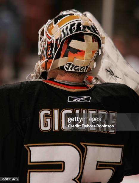 Jean-Sebastien Giguere of the Anaheim Ducks defends in the crease during the game against the Colorado Avalanche on November 24, 2008 at Honda Center...