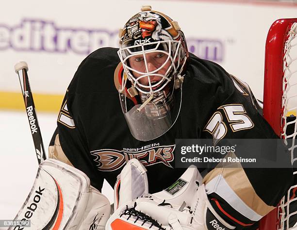 Jean-Sebastien Giguere of the Anaheim Ducks defends in the crease during the game against the Colorado Avalanche on November 24, 2008 at Honda Center...