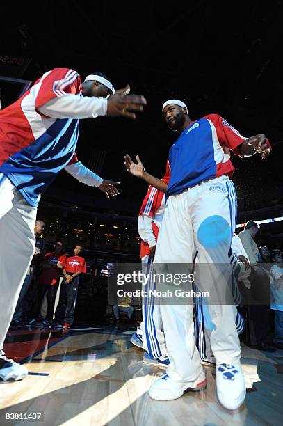 Baron Davis of the Los Angeles Clippers is introduced in the starting lineups before the game against the New Orleans Hornets at Staples Center on...