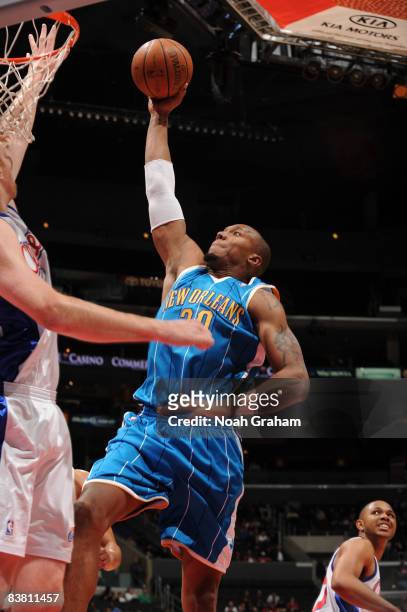 David West of the New Orleans Hornets goes up for a dunk during the game against the Los Angeles Clippers at Staples Center on November 24, 2008 in...