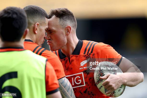Sonny Bill Williams and Israel Dagg of the All Blacks during a New Zealand All Blacks training session at Forsyth Barr stadium on August 24, 2017 in...