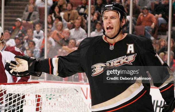 Ryan Getzlaf of the Anaheim Ducks complains about a call to the referee during the game against the Colorado Avalanche on November 24, 2008 at Honda...