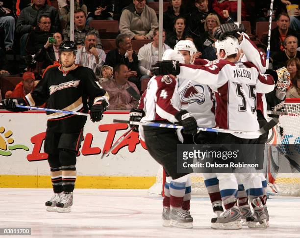 The Colorado Avalanche celebrate a third period goal from teammate Ian Laperriere against the Anaheim Ducks during the game on November 24, 2008 at...