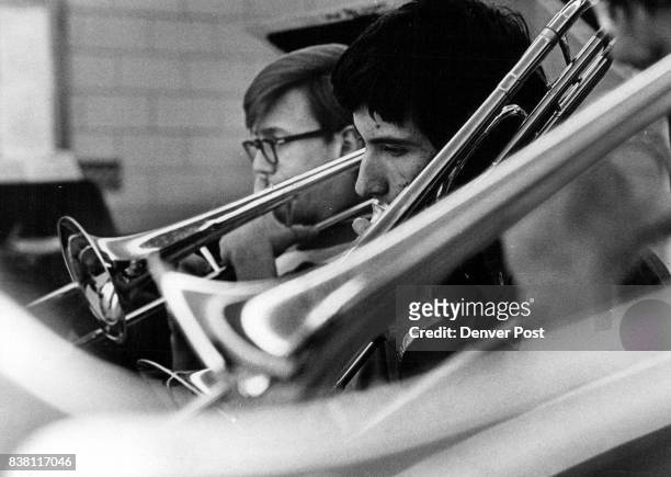 Trombonists Doug Stoneman and Dave Nikkei concentrate on music in practice session of Abraham Lincoln High School's, Jazz Ensemble. This group and...