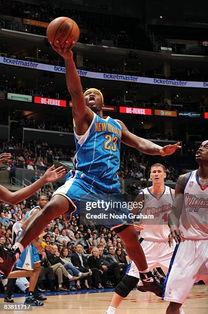 Devin Brown of the New Orleans Hornets goes up for a shot against the Los Angeles Clippers at Staples Center on November 24, 2008 in Los Angeles,...