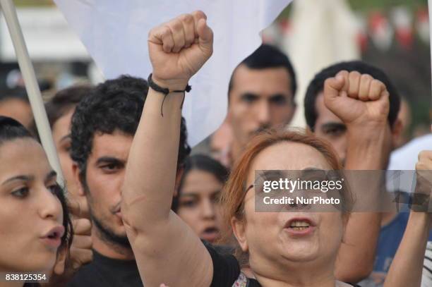 Woman chants slogans as leftists protest against the Turkish government in Ankara, Turkey on August 23, 2017. The protesters demand that the...