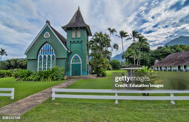 Hanalei Kauai Hawaii the old Green Church called Waiola Huiia Church 1912 tourist attraction landmark.