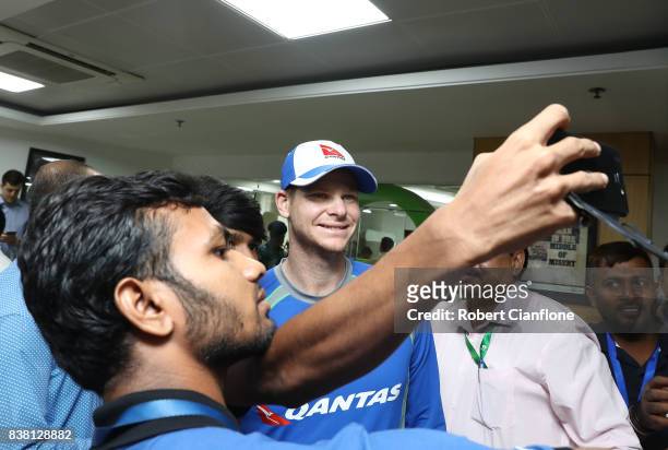 Steve Smith of Australia poses for photographs during an Australian Test Cricket Team media opportunity at Oxfam on August 24, 2017 in Dhaka,...