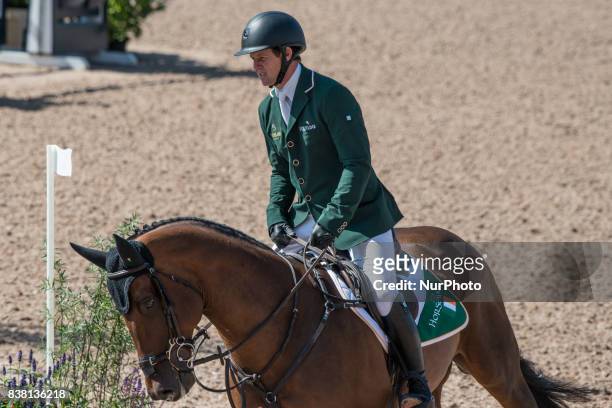 Irish rider Cian O'Connor on Good Luck rides in the qualifying competition of the 2017 FEI European Championships at Ullevi Stadium in Gothenburg,...