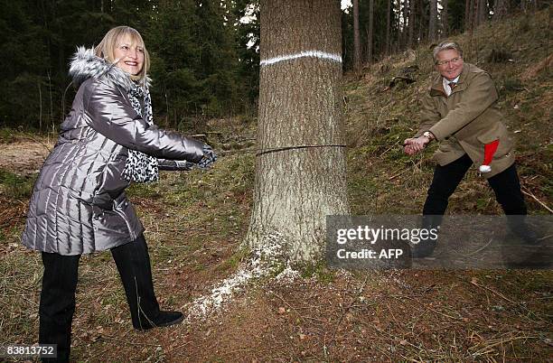 The Lord Mayor of Westminster Councillor, Louise Hyams, and Oslo's mayor Fabian Stang pose during the cutting of the annual Christmas tree from the...
