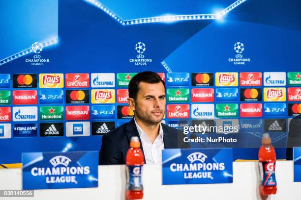 Nicolae Dica the coach of FC Steaua Bucharest during press conference after the UEFA Champions League 2017-2018, Play-Offs 2nd Leg game between FCSB...