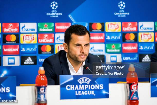 Nicolae Dica the coach of FC Steaua Bucharest during press conference after the UEFA Champions League 2017-2018, Play-Offs 2nd Leg game between FCSB...