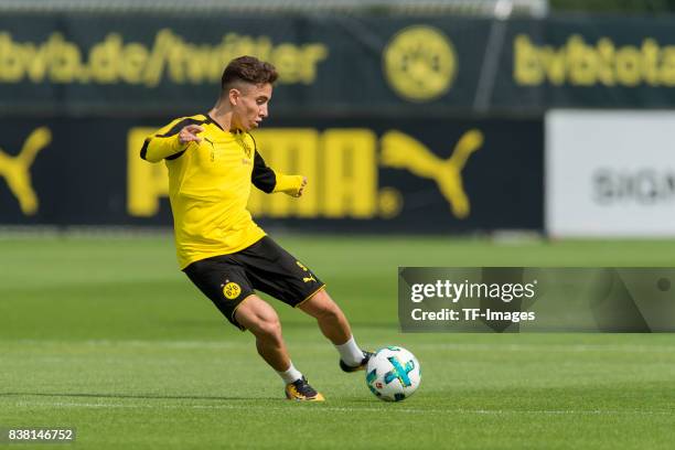 Emre Mor of Dortmund controls the ball during a training session at the BVB Training center on August 22, 2017 in Dortmund, Germany.