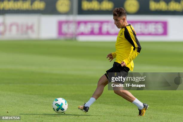 Emre Mor of Dortmund controls the ball during a training session at the BVB Training center on August 22, 2017 in Dortmund, Germany.
