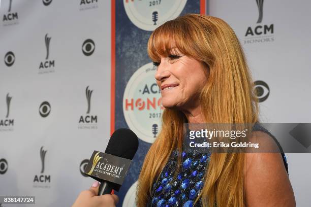 Actress Jane Seymour is interviewed on the red carpet during the 11th Annual ACM Honors at the Ryman Auditorium on August 23, 2017 in Nashville,...