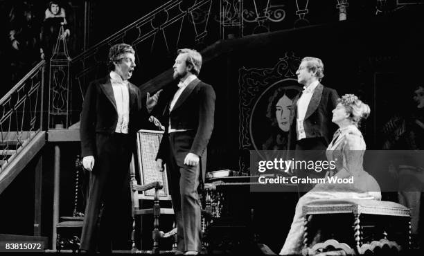 English singers John Shirley-Quirk , Benjamin Luxon and Heather Harper in a rehearsal for the stage premiere of Benjamin Britten's opera 'Owen...