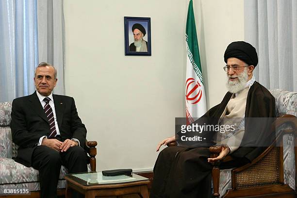Iran's supreme leader Ayatollah Ali Khamenei meets with Lebanese President Michel Sleiman in Tehran on November 25, 2008. Khamenei called on Lebanese...
