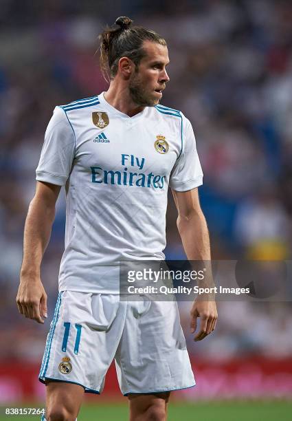 Gareth Bale of Real Madrid reacts during the Trofeo Santiago Bernabeu match between Real Madrid and ACF Fiorentina at Estadio Santiago Bernabeu on...