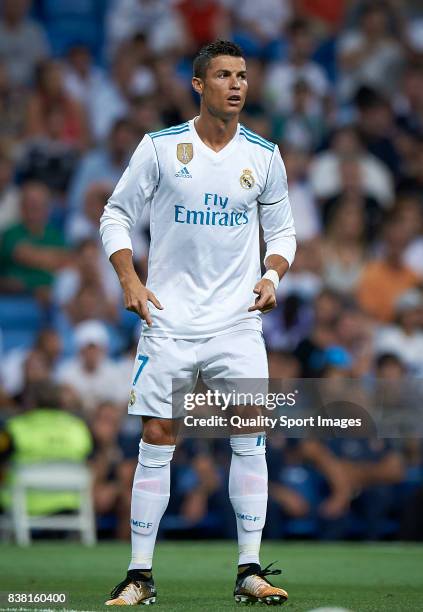 Cristiano Ronaldo of Real Madrid looks on during the Trofeo Santiago Bernabeu match between Real Madrid and ACF Fiorentina at Estadio Santiago...