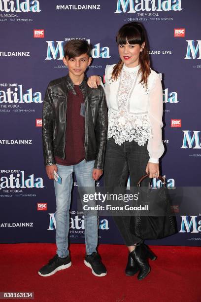 Amber Peebles and friend attend the opening night of Matilda the Musical at Civic Theatre on August 24, 2017 in Auckland, New Zealand.