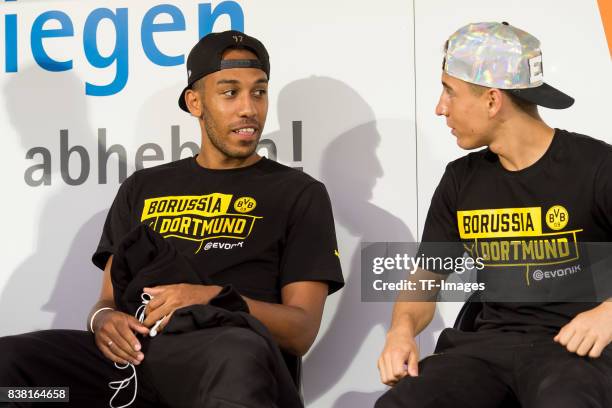 Pierre-Emerick Aubameyang of Dortmund and Emre Mor of Dortmund sits on the bench during a friendly match between Borussia Dortmund and Atalanta...