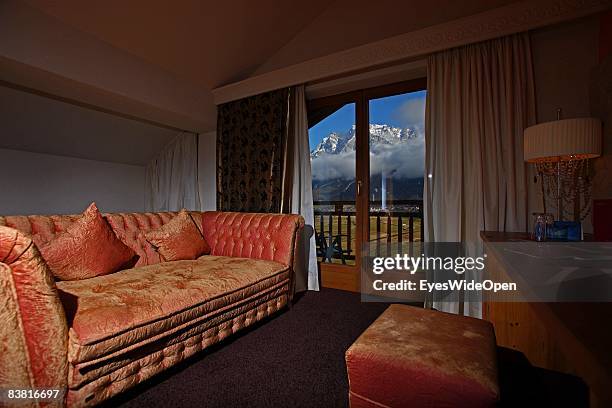 Inside view from a hotelroom in Lermoos on lanscape and highest mountain in Germany called2 Zugspitze on November 22, 2008 in Lermoos, Austria,