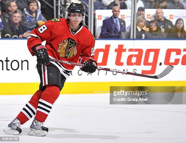 Patrick Kane of the Chicago Blackhawks skates during the game against the Toronto Maple Leafs on November 22, 2008 at the Air Canada Centre in...