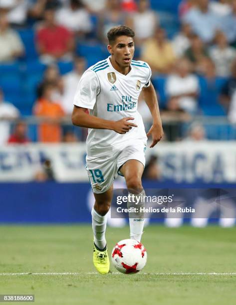 Achraf Haquimi of Real Madrid in actions during the match Trofeo Santiago Bernabeu between Real Madrid CF and Fiorentina at Santiago Bernabeu Stadium...